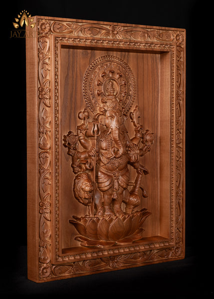 Shuba Drishti Ganapathi (Kan Drishti Pillayar) Wood Carving 20"H x 14"W - Square Wall Panel