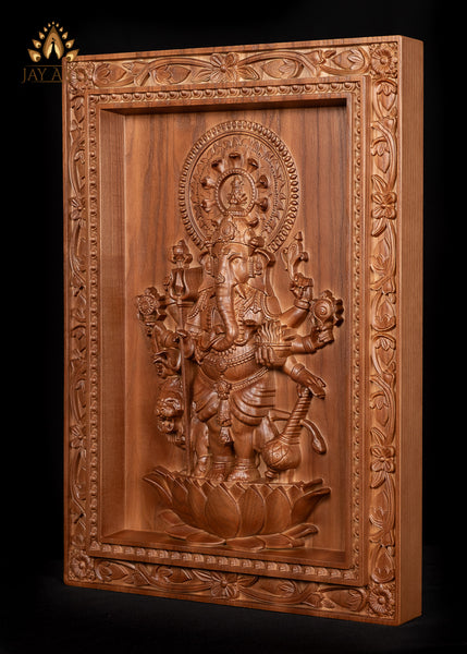 Shuba Drishti Ganapathi (Kan Drishti Pillayar) Wood Carving 20"H x 14"W - Square Wall Panel