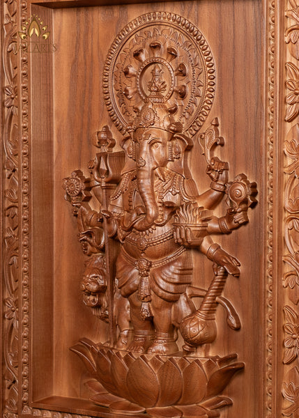 Shuba Drishti Ganapathi (Kan Drishti Pillayar) Wood Carving 20"H x 14"W - Square Wall Panel