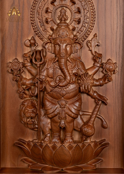 Shuba Drishti Ganapathi (Kan Drishti Pillayar) Wood Carving 20"H x 14"W - Square Wall Panel