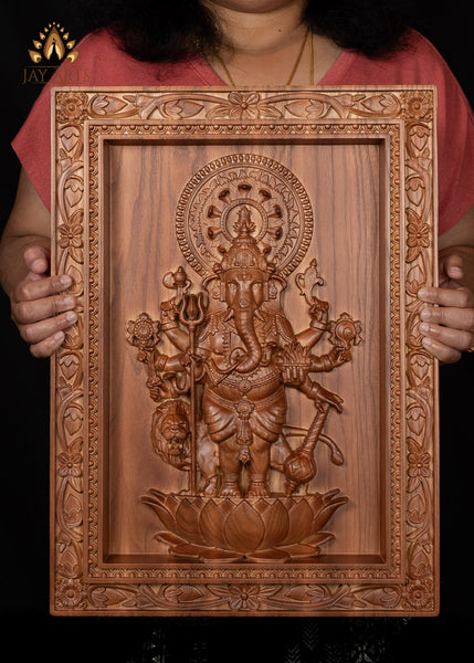Shuba Drishti Ganapathi (Kan Drishti Pillayar) Wood Carving 20"H x 14"W - Square Wall Panel