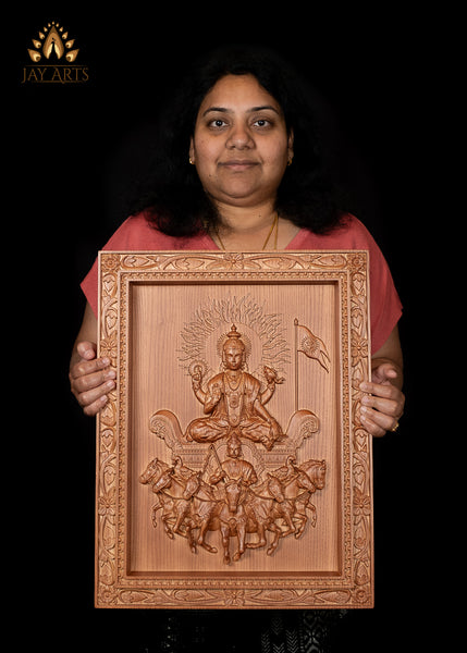 The Sun God (Surya) with his Seven Horses 20"H x 15"W Wood Wall Panel - Lord Surya Wood Carving