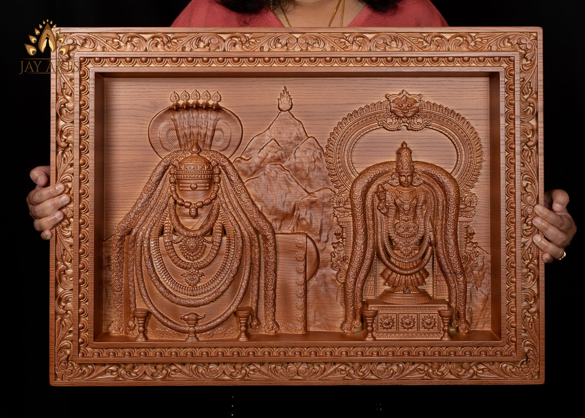 Lord Arunachaleswara with his consort Sri Unnamalai Amman 20"H x 27"W - Annamalaiyar Wood Carving