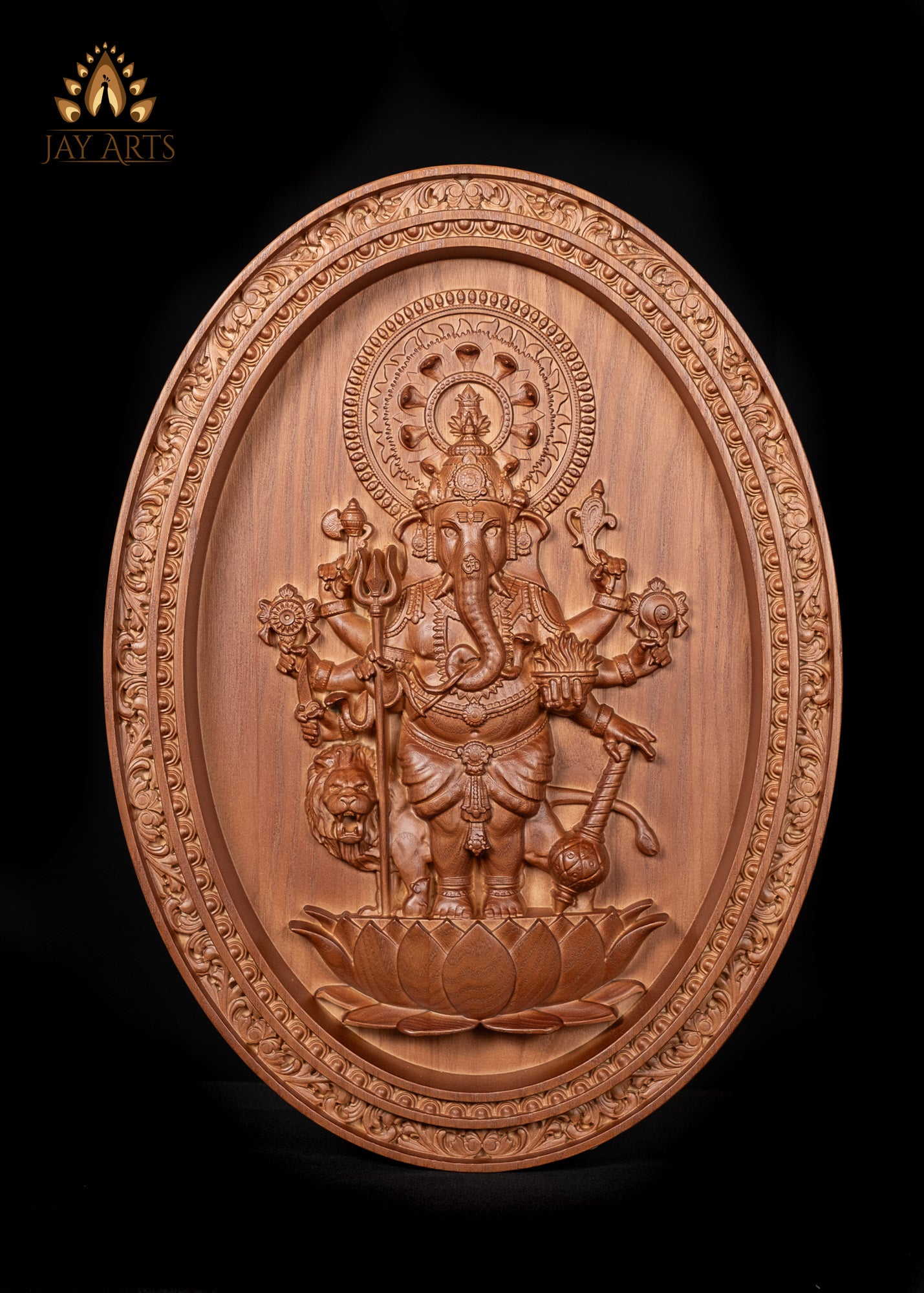 Shuba Drishti Ganapathi 20"H x 14"W - Kan Drishti Pillayar Wood Carving - Oval Wall Panel