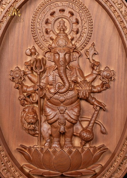 Shuba Drishti Ganapathi 20"H x 14"W - Kan Drishti Pillayar Wood Carving - Oval Wall Panel