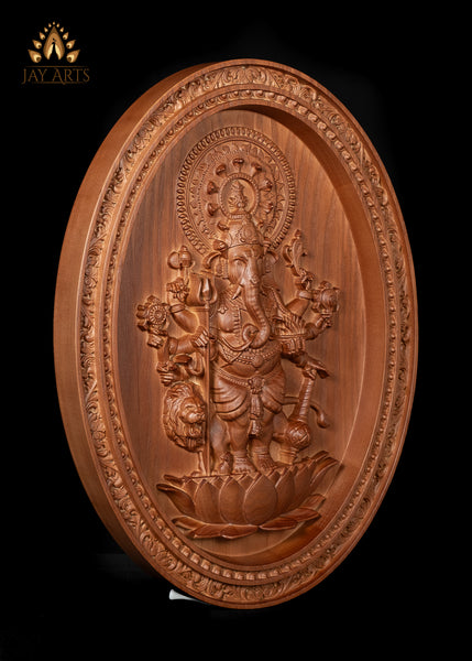 Shuba Drishti Ganapathi 20"H x 14"W - Kan Drishti Pillayar Wood Carving - Oval Wall Panel