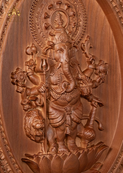 Shuba Drishti Ganapathi 20"H x 14"W - Kan Drishti Pillayar Wood Carving - Oval Wall Panel