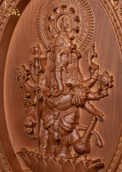 Shuba Drishti Ganapathi 20"H x 14"W - Kan Drishti Pillayar Wood Carving - Oval Wall Panel