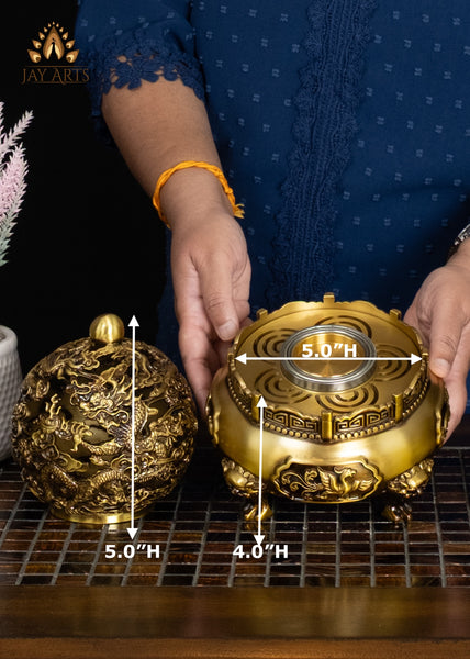 9" Buddhist Dragon Incense Burner Intricate Detailing & Rotating Spherical Lid | Chinese Brass Censer