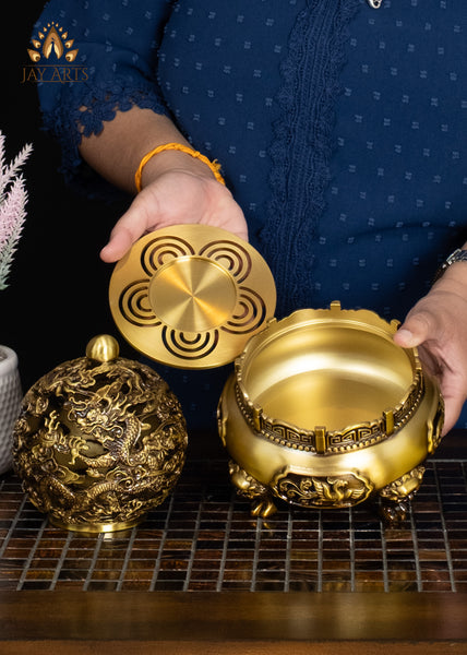 9" Buddhist Dragon Incense Burner Intricate Detailing & Rotating Spherical Lid | Chinese Brass Censer