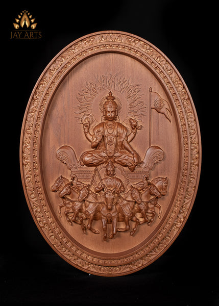 The Sun God (Surya) with his Seven Horses Wood Carving 20"H x 15"W - Lord Surya Oval Wall Panel