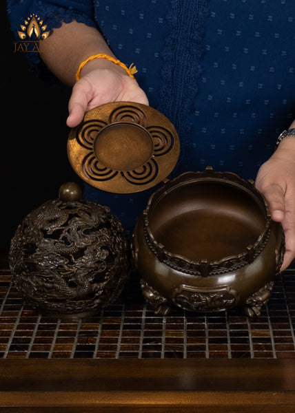 9" Buddhist Dragon Incense Burner Intricate Detailing & Rotating Spherical Lid | Chinese Brass Censer