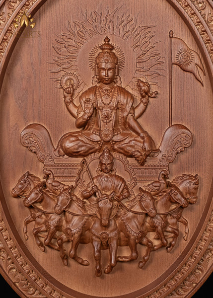 The Sun God (Surya) with his Seven Horses Wood Carving 20"H x 15"W - Lord Surya Oval Wall Panel