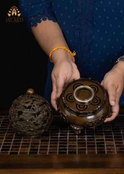8" Brass Buddhist Dragon Incense Burner with Openwork Rotating Spherical Lid