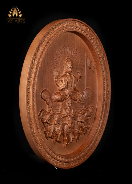 The Sun God (Surya) with his Seven Horses Wood Carving 20"H x 15"W - Lord Surya Oval Wall Panel