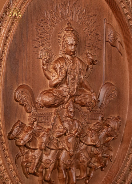 The Sun God (Surya) with his Seven Horses Wood Carving 20"H x 15"W - Lord Surya Oval Wall Panel