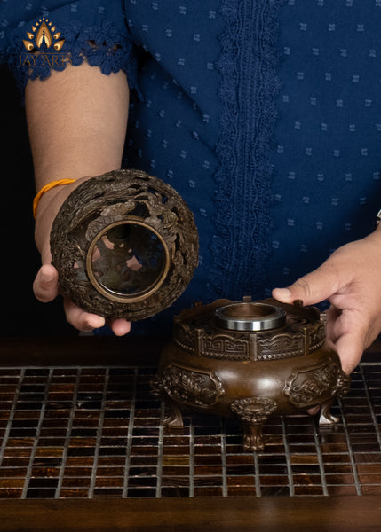 8" Brass Buddhist Dragon Incense Burner with Openwork Rotating Spherical Lid