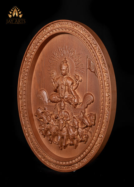 The Sun God (Surya) with his Seven Horses Wood Carving 20"H x 15"W - Lord Surya Oval Wall Panel