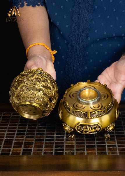 8" Brass Buddhist Dragon Incense Burner with Openwork Rotating Spherical Lid