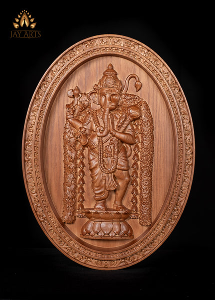 Adhyantha Prabhu (Half Ganesh Half Hanuman) Wood Carving 20"H x 14"W - Oval Wall Panel