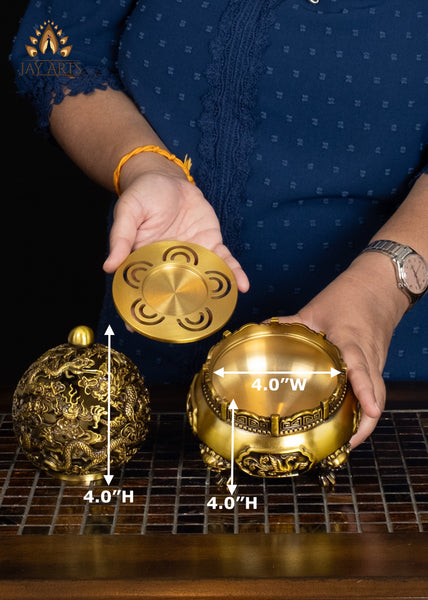 8" Brass Buddhist Dragon Incense Burner with Openwork Rotating Spherical Lid