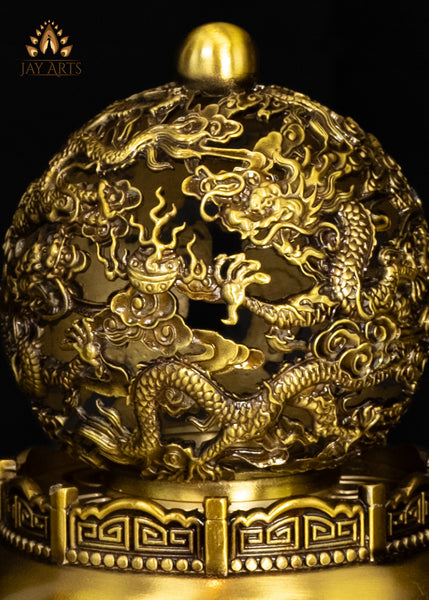 8" Brass Buddhist Dragon Incense Burner with Openwork Rotating Spherical Lid