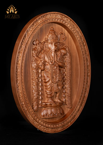 Adhyantha Prabhu (Half Ganesh Half Hanuman) Wood Carving 20"H x 14"W - Oval Wall Panel