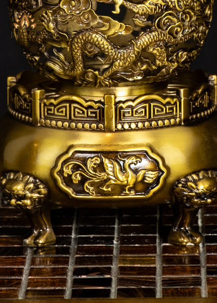 8" Brass Buddhist Dragon Incense Burner with Openwork Rotating Spherical Lid