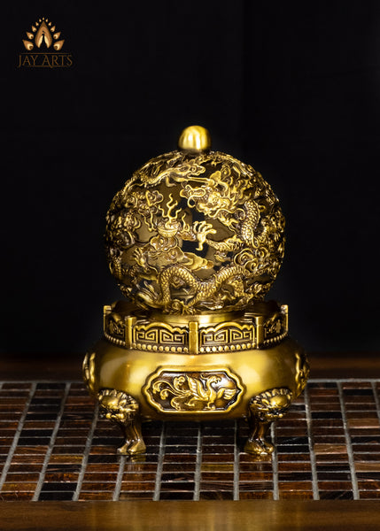 8" Brass Buddhist Dragon Incense Burner with Openwork Rotating Spherical Lid