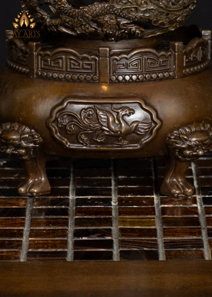 8" Brass Buddhist Dragon Incense Burner with Openwork Rotating Spherical Lid