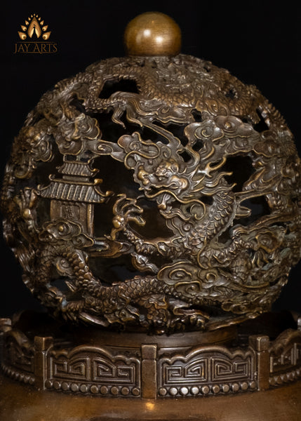 8" Brass Buddhist Dragon Incense Burner with Openwork Rotating Spherical Lid