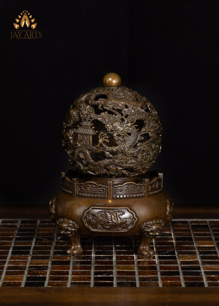 8" Brass Buddhist Dragon Incense Burner with Openwork Rotating Spherical Lid