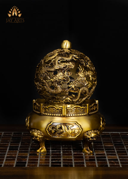 9" Buddhist Dragon Incense Burner Intricate Detailing & Rotating Spherical Lid | Chinese Brass Censer