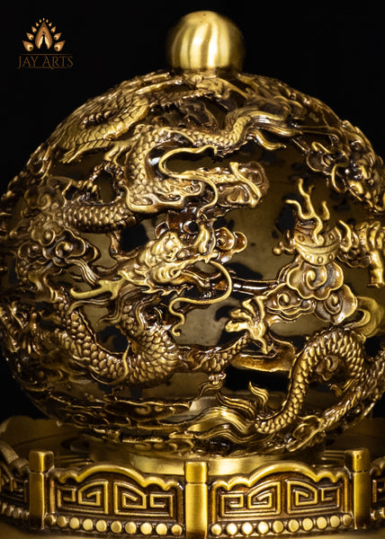 9" Buddhist Dragon Incense Burner Intricate Detailing & Rotating Spherical Lid | Chinese Brass Censer