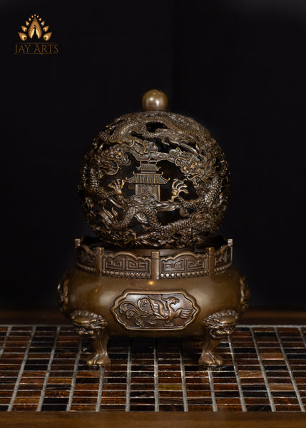 9" Buddhist Dragon Incense Burner Intricate Detailing & Rotating Spherical Lid | Chinese Brass Censer