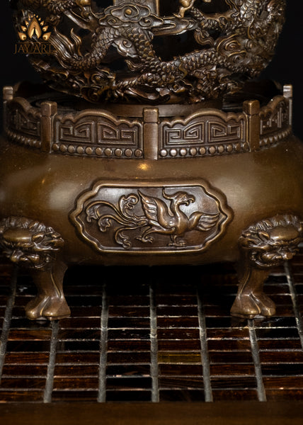 9" Buddhist Dragon Incense Burner Intricate Detailing & Rotating Spherical Lid | Chinese Brass Censer