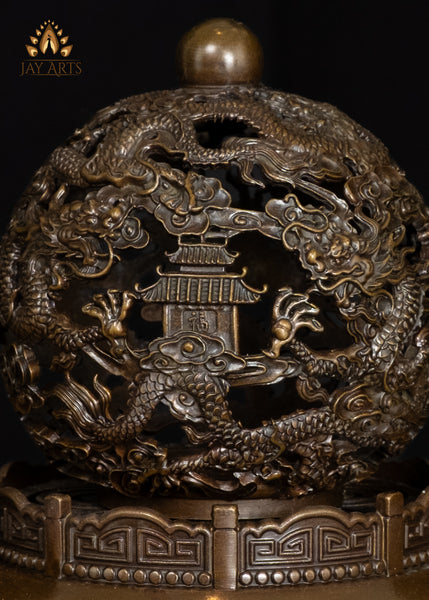 9" Buddhist Dragon Incense Burner Intricate Detailing & Rotating Spherical Lid | Chinese Brass Censer