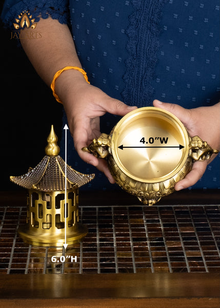 10" Chinese Temple Style Brass Censer with Dragon Handles & Pagoda Lid