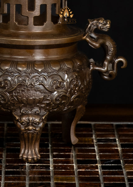 10" Chinese Temple Style Brass Censer with Dragon Handles & Pagoda Lid