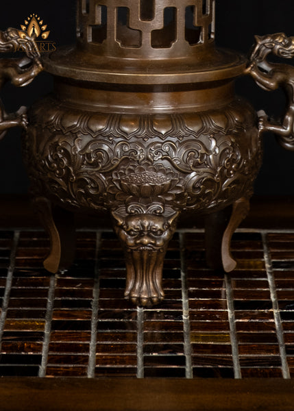 10" Chinese Temple Style Brass Censer with Dragon Handles & Pagoda Lid