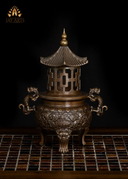 10" Chinese Temple Style Brass Censer with Dragon Handles & Pagoda Lid