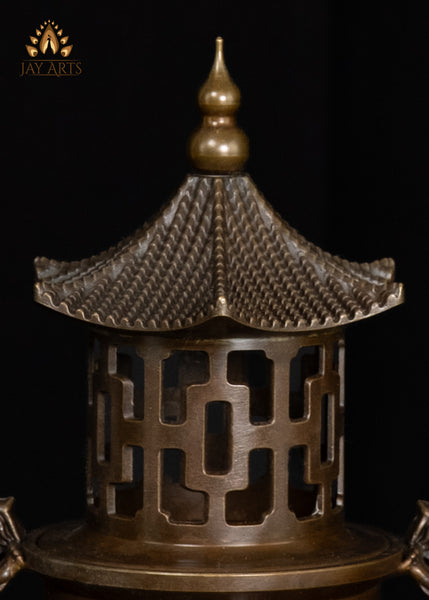 10" Chinese Temple Style Brass Censer with Dragon Handles & Pagoda Lid