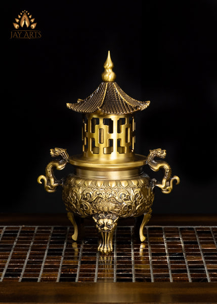 10" Chinese Temple Style Brass Censer with Dragon Handles & Pagoda Lid
