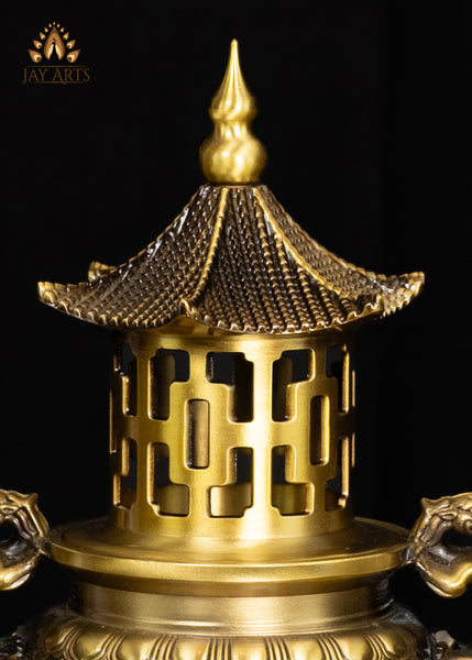 10" Chinese Temple Style Brass Censer with Dragon Handles & Pagoda Lid