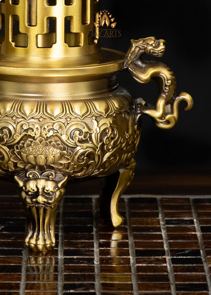 10" Chinese Temple Style Brass Censer with Dragon Handles & Pagoda Lid