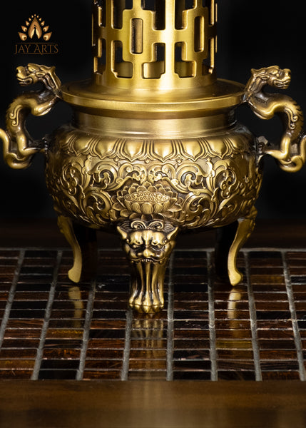 10" Chinese Temple Style Brass Censer with Dragon Handles & Pagoda Lid