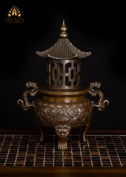 13" Chinese Temple Style Incense Burner with Dragon Handles & Pagoda Lid