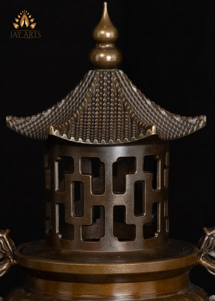 13" Chinese Temple Style Incense Burner with Dragon Handles & Pagoda Lid