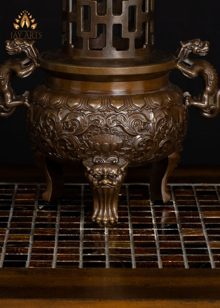 13" Chinese Temple Style Incense Burner with Dragon Handles & Pagoda Lid