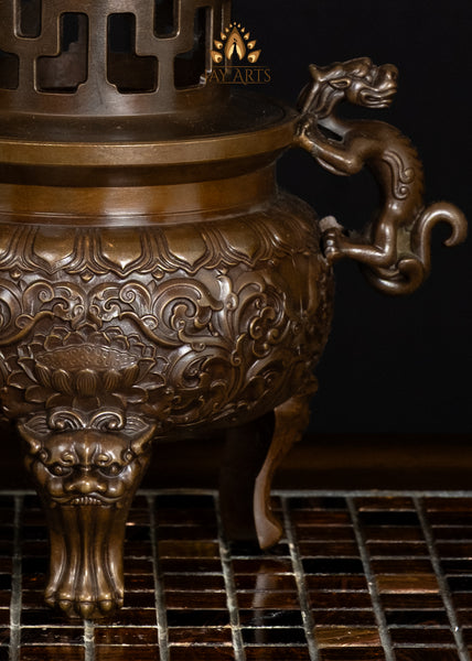 13" Chinese Temple Style Incense Burner with Dragon Handles & Pagoda Lid